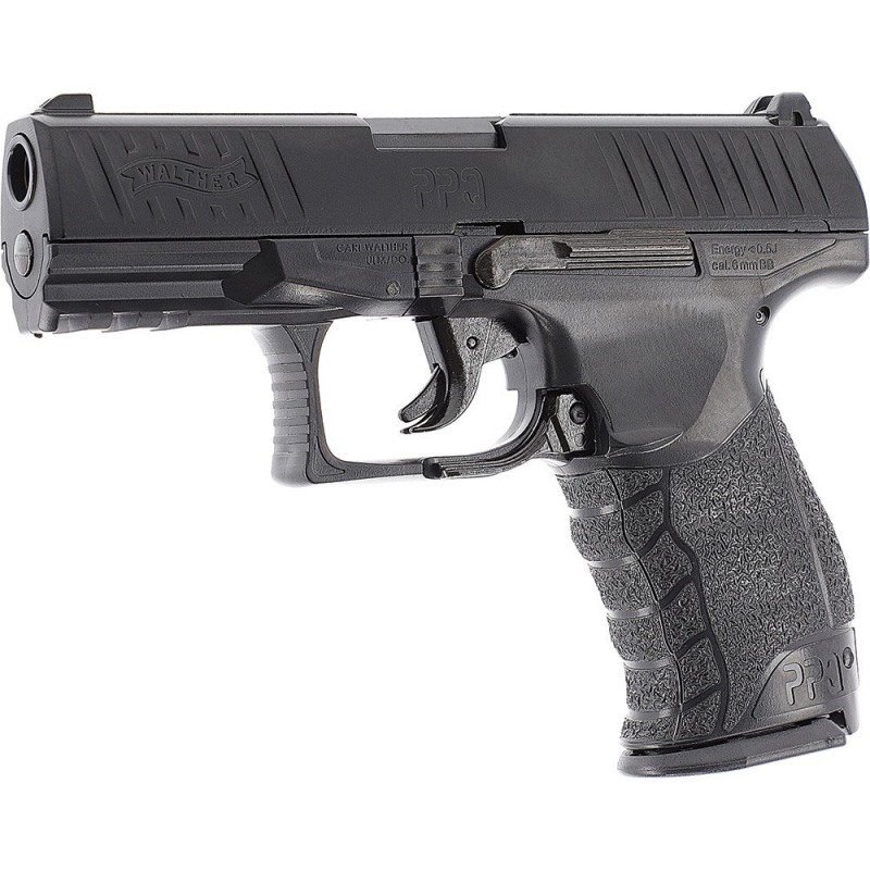 Pistol airsoft cu arc Walther PPQ, bile plastic, BB 6 mm, 0.5 jouli, incarcator HiCap, negru