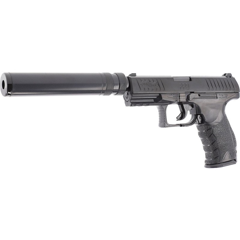 Pistol airsoft cu arc Walther PPQ Navy Kit, bile plastic, BB 6 mm, 0.5 jouli, incarcator HiCap, supresor, negru
