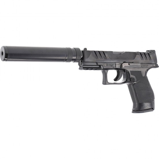 Pistol airsoft cu arc Walther PDP Compact 4, bile plastic, BB 6 mm, 0.5 jouli, incarcator HiCap, supresor, negru