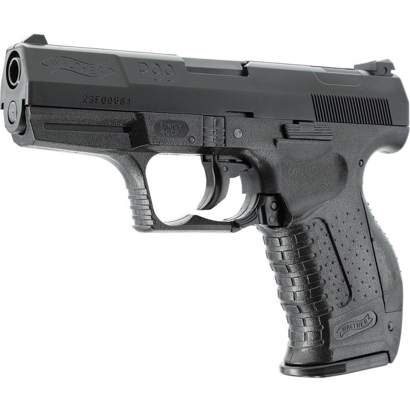Pistol airsoft cu arc Walther P99, bile plastic, BB 6 mm, 0.08 jouli, maner XL, negru