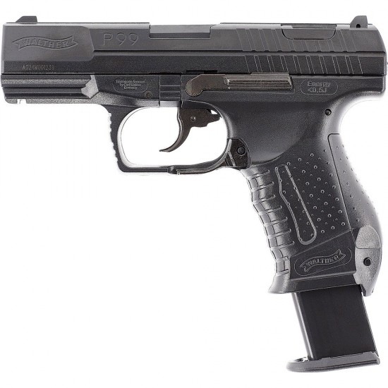 Pistol airsoft cu actionare manuala Walther P99, bile plastic, BB 6 mm, 0.5 jouli, incarcator HiCap, negru