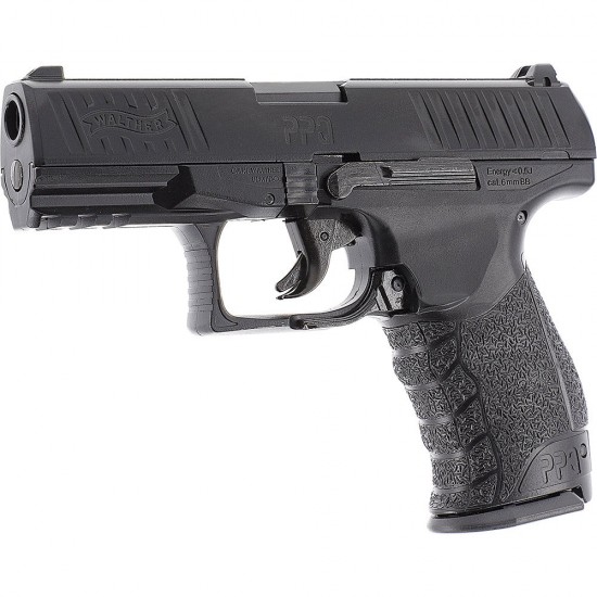 Pistol airsoft cu actionare manuala Walther PPQ HME, bile plastic, BB 6 mm, 0.5 jouli, incarcator HiCap, Hi-Grip, negru, Full Metal