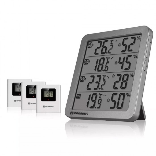 Statie meteo Bresser Quadro NV 7000060, termometru, higrometru, 3 senzori wireless, gri