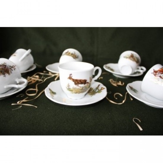 Set cesti cafea si ceai din ceramica cu motive vanatoresti pentru 6 persoane 