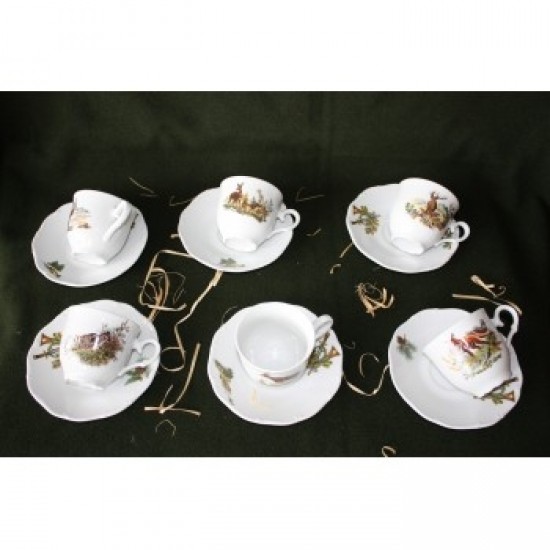 Set cesti cafea si ceai din ceramica cu motive vanatoresti pentru 6 persoane 