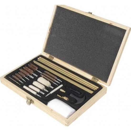 Kit curatare arma Jack Pyke cu 24 de piese in cutie de lemn