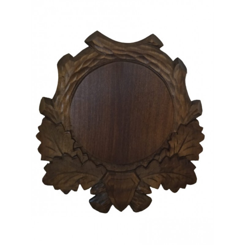 Panoplie sculptata, pentru trofeu mistret, lemn, maro inchis, 30.5x33 cm
