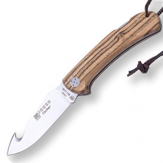 Cuțit Joker NB135 Cocker – Oțel Sandvik 14C28N, Mâner lemn de măslin, Lamă 9 cm, Husă piele