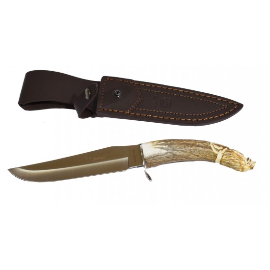 Cuțit Joker CT34 Jabato – Oțel MOVA 1.4116, Mâner din corn de cerb sculptat, Lamă 17 cm, Husă piele