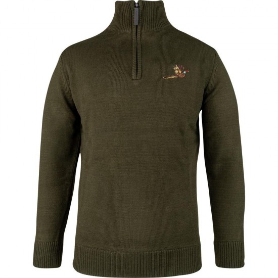 Pulover Jack Pyke cu Motiv Fazan și Semi-Fermoar – Olive Închis