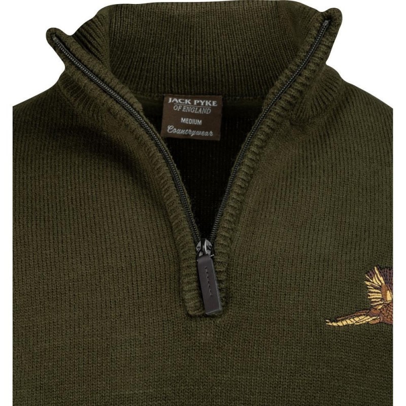 Pulover Jack Pyke cu Motiv Fazan și Semi-Fermoar – Olive Închis