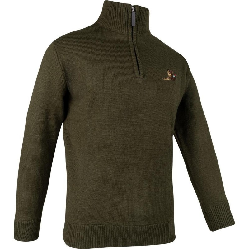 Pulover Jack Pyke cu Motiv Fazan și Semi-Fermoar – Olive Închis