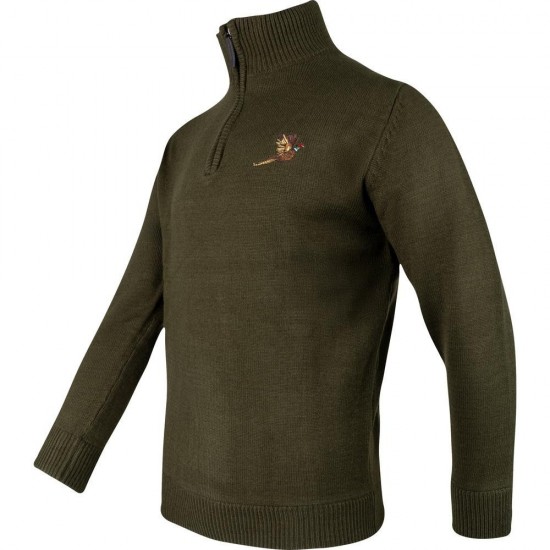Pulover Jack Pyke cu Motiv Fazan și Semi-Fermoar – Olive Închis