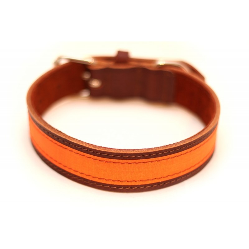 Zgarda de piele pentru caini de vanatoare cu banda fluo orange