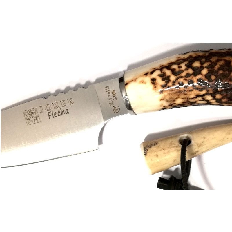 Cutit de vanatoare Joker Flecha cu maner din corn de cerb  si teaca din piele - 10.5 